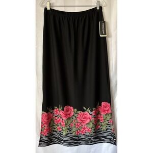 Notations Womens Maxi Skirt Size L Black Floral Pattern Slit‎ Polyester NWT